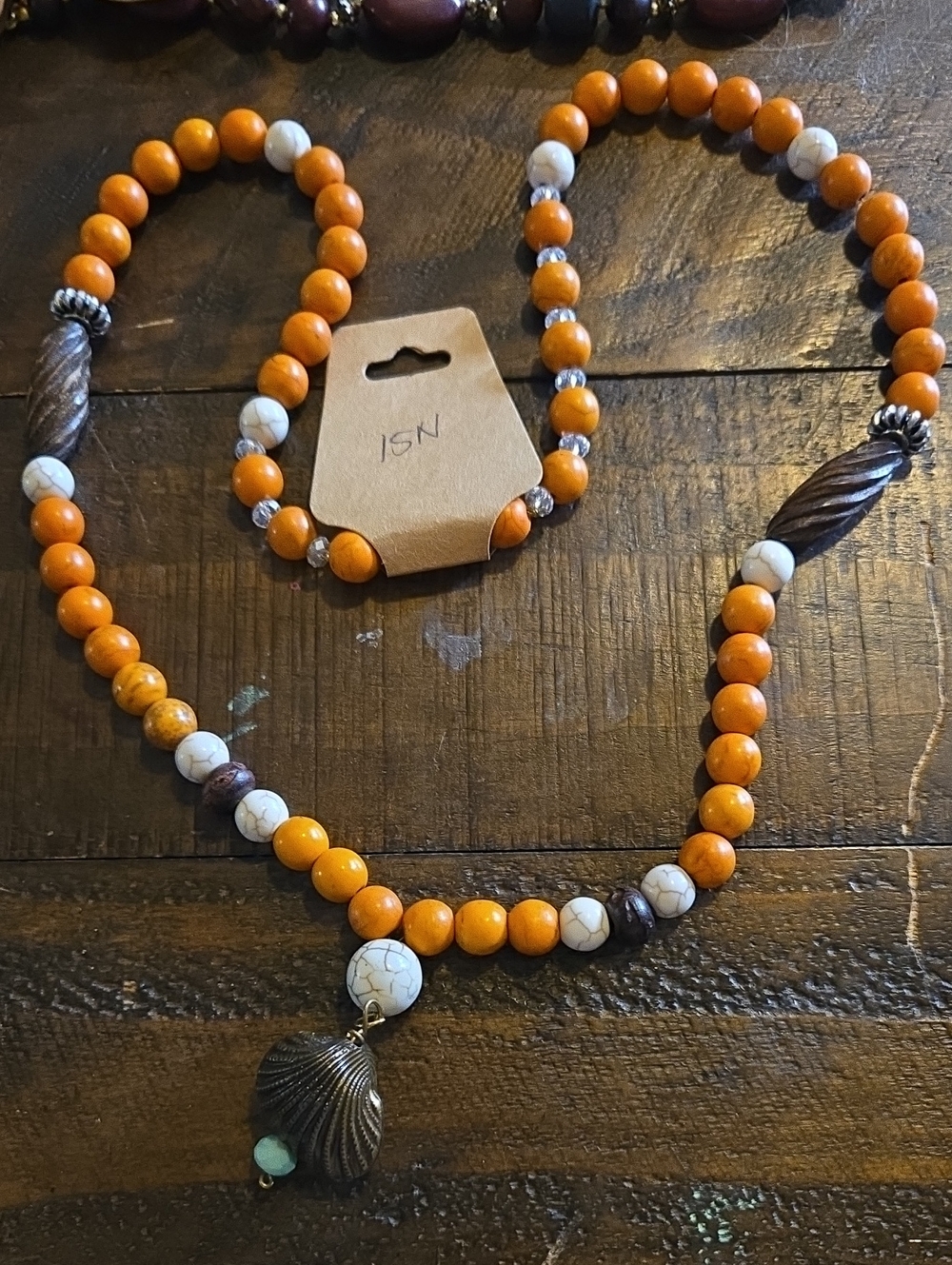 Handmade Orange & White Beaded Necklace with Shell Pendant - Picture 1 of 2